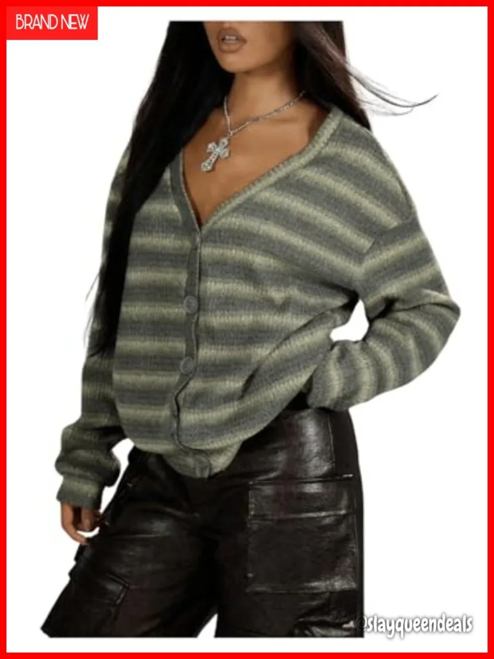 Striped V-Neck Button Down Cardigan Sweater Long Sleeve Loose Knit Tops